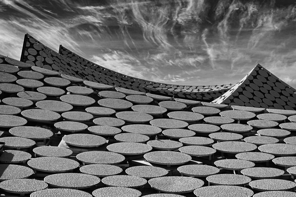 A black-and-white photograph of a modern architectural roof of the Elbphilharmonie with a facade composed of numerous circular, textured panels arranged in a repeating pattern, set against a dramatic sky with wispy clouds.