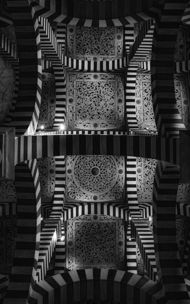 This is a black-and-white photograph of the ceiling inside the Capella of Rochetta Mattei. The Chapel is filled with black an white hoirzontally-striped columns. On the ceiling itself is fabric that is painted with really elaborate and intricate motifs to resemble cut stone. The columns are also arched and make unusual and pretty striking patterns when looked at from a certain angle. It is pretty disorienting and so worth the visit!