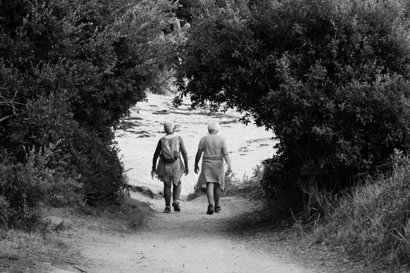 Two ladies walking below bushes