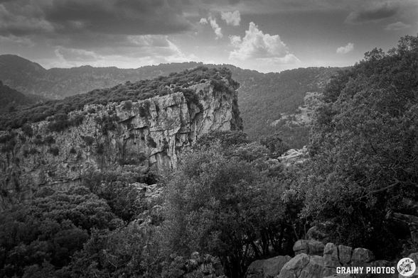 A dramatic black and white landscape featuring a rugged cliff surrounded by dense greenery, with rolling hills in the background and a cloudy sky above, creating a moody and serene atmosphere.