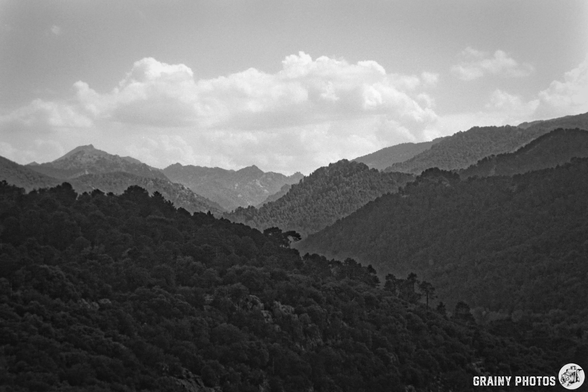 A black and white landscape photograph showcasing a mountainous region, featuring layers of hills covered with dense trees, under a cloudy sky. The image conveys depth and the natural beauty of the scenery.