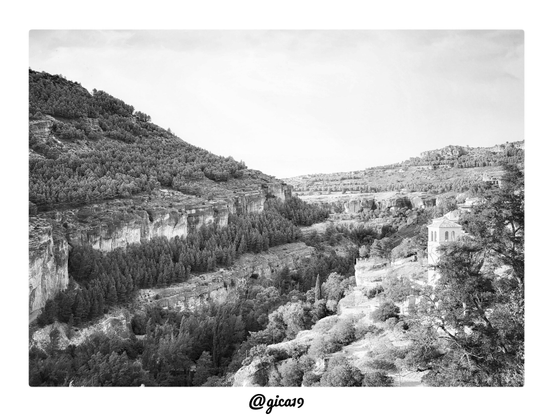 La imagen es una fotografía en blanco y negro de las Hoces del Júcar, en la Serranía de Cuenca, tomada desde el Mirador de Mangana durante la tarde.
El encuadre está dominado por un profundo cañón fluvial excavado en roca calcárea, con paredes verticales que descienden abruptamente hacia el cauce oculto entre la vegetación. A la izquierda, una gran ladera montañosa cubierta de una densa masa de pinares cubre casi toda la pendiente hasta la cresta, que se recorta contra un cielo despejado y luminoso, típico de las tardes claras de esta zona de Cuenca.
Los acantilados calizos, con sus estratos horizontales visibles y erosionados, forman paredones escarpados que bajan hasta el fondo del valle, donde se acumula una vegetación frondosa de coníferas y arbustos.
En la parte derecha de la composición, entre la arboleda, asoma una construcción encalada con una torre de aspecto religioso, posiblemente vinculada a algún antiguo convento o ermita típica de la comarca conquense, que introduce un contraste de líneas verticales y tonos claros frente a la masa rocosa y vegetal del entorno.
La luz de tarde genera un cielo casi blanco, sin nubes marcadas, que aporta gran luminosidad de fondo y resalta por contraste las texturas rugosas de la roca y la espesura del bosque. El tratamiento en blanco y negro acentúa los volúmenes geológicos de la hoz, subrayando la profundidad del cañón y la escala monumental del paisaje natural que caracteriza a este tramo del río Júcar en su recorrido por la Serranía de Cuenca.