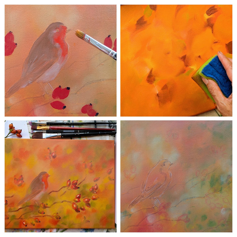 Work in progress photos of my new acrylic painting of a Robin sitting on a branch with vibrant red Rose hips
