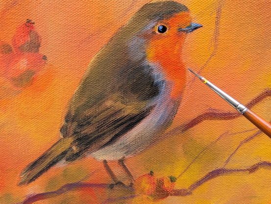 Work in progress photo of my new acrylic painting which shows a small robin sitting on a branch in autumn.