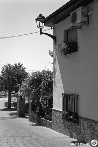 A quaint street scene featuring a white building with a decorative lamp, air conditioning unit, and greenery visible from the window. The walkway is lined with trees, creating a serene atmosphere in a sunny outdoor setting.