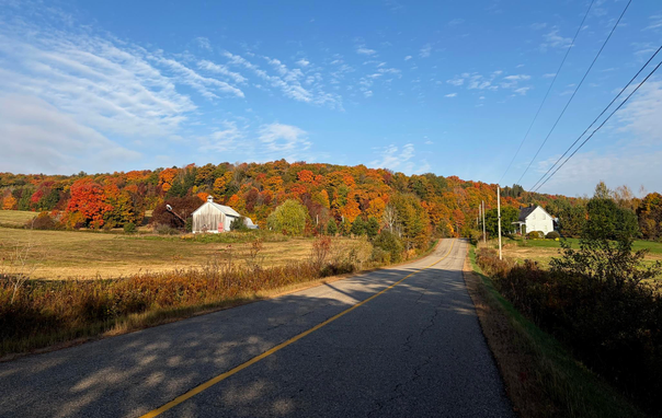 Photograph of a rural landscape in autumn, showing an asphalted road with a yellow line in the center, with yellowed fields on each side, going up towards a small mountain covered with green, red and orange forest. Just up a small hill, a white traditional Quebec rural house on the right of the road and a white barn on the left. Poles and power lines run along the road on the right and the sky is an intense blue, with some white clouds at altitude.

Photographie d'un paysage rural en automne, montrant une route asphaltée avec une ligne jaune au centre, avec des champs jaunis de chaque côté, montant vers une petite montagne couverte de forêt verte, rouge et orange. Juste en haut d'une petite côte, une maison rurale traditionnelle québécoise blanche à droite de la route et une grange blanche à gauche. Des poteaux et lignes électriques longent la route à droite et le ciel est d'un bleu intense, avec quelques nuages blancs en altitude.