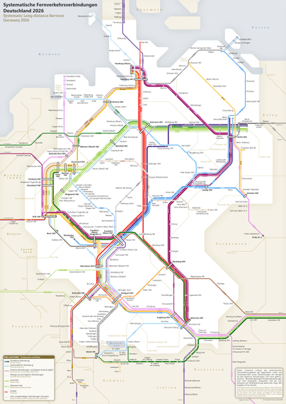 Unofficial transport diagram of Germany. It shows the long-distance lines in an octolinear structure. Lines running on the same axes are coloured the same.