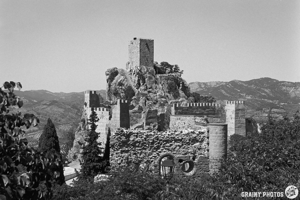 A historic stone castle ruins perched on a rocky outcrop, surrounded by mountains. The structure features battlements and a tall tower, with greenery framing the scene, emphasizing its ancient and scenic beauty in a black and white format.