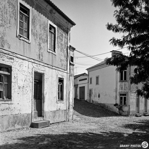 A black and white photograph captures a narrow, cobbled street in a traditional Alentejo village. Two weathered buildings with tiled roofs and textured facades flank the street, leading to a distant view of more houses nestled down a slope. The scene is bathed in bright midday light, creating strong contrasts and a sense of quiet stillness.