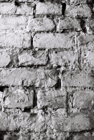 Black-and-white close-up photograph of a rough brick wall. The textures of the uneven bricks and mortar are accentuated by the light coming in from the side.