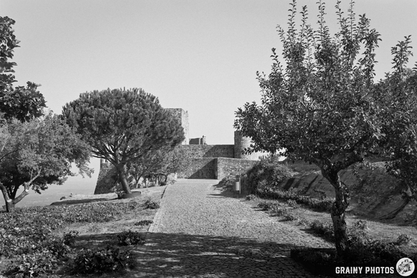 A black and white photograph shows a stone fortress overlooking the landscape, framed by trees and manicured gardens. A paved path leads towards the fortress entrance under bright morning light, creating strong shadows and highlighting the texture of the stone walls. The scene evokes a sense of tranquillity and timelessness.